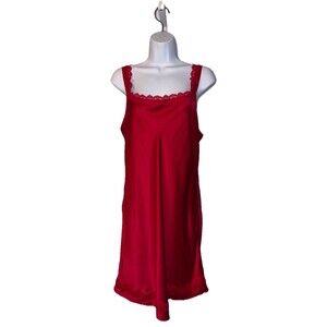 Vintage Olga Red 100% Silk Chemise Slip Dress Size Large Lace Trim Y2K Lingerie
